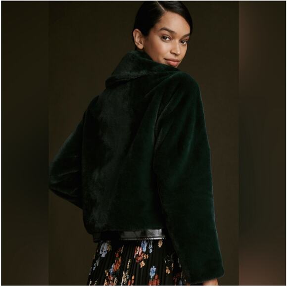 Anthropologie Maeve Jacket Womens 1X Green Faux Fur Bomber Full Zip Patent Fuzzy - Picture 3 of 13